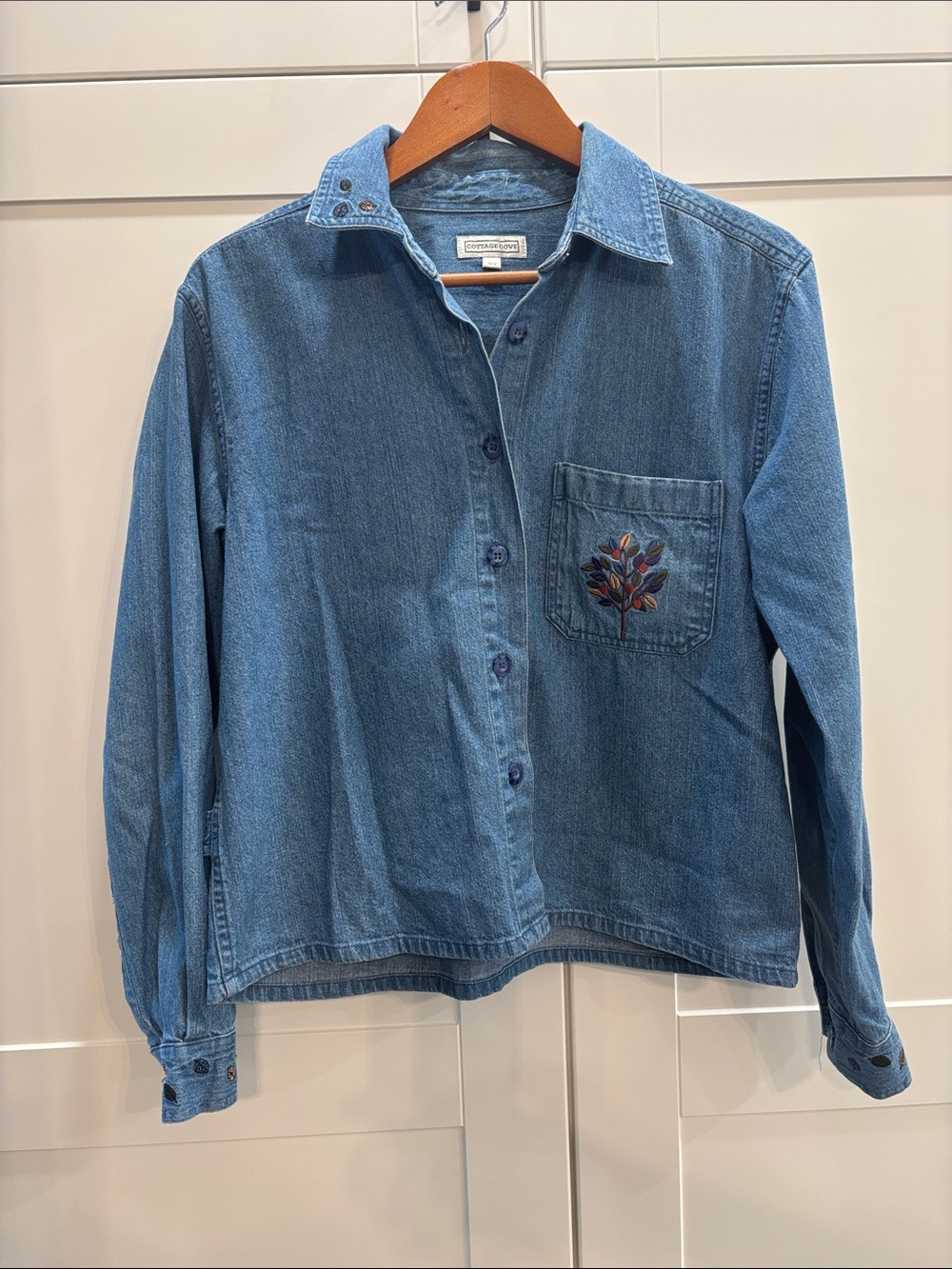 Embroidered Denim Button-Front Shirt with leaves appliqué
